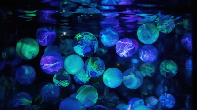 Abstract background of glowing blue and green orbs in dark water