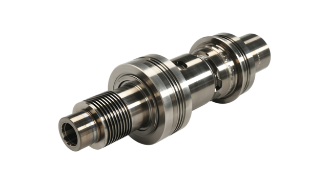 Machined Metal Shaft with Threads and Grooves mechanical isolated on a transparent background