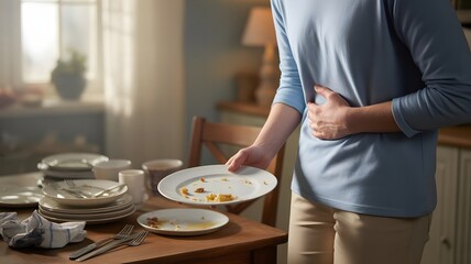 Man Grabbing His Stomach Due to Pain After Eating Indoors, Highlighting Gut Issues, Food Reactions, Health Defence Measures, Wellness Knowledge, Preventive Care, and Daily Digestive Support Techniques