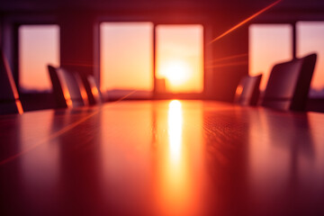 Corporate meeting space illuminated by sunset glow with tranquil professional atmosphere