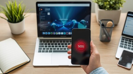 Person holds smartphone displaying emergency signal above busy modern office desk