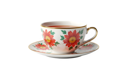 Elegant vintage porcelain teacup and saucer set featuring a vibrant red and green floral pattern, perfect for afternoon tea, isolated on transparent background