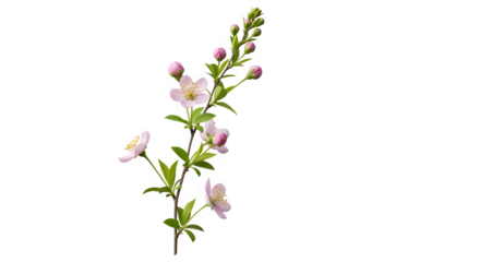 Delicate sprig of blooming kerria japonica shrub featuring small, light pink to white flowers and green leaves, isolated on transparent background for easy design integration and graphic use