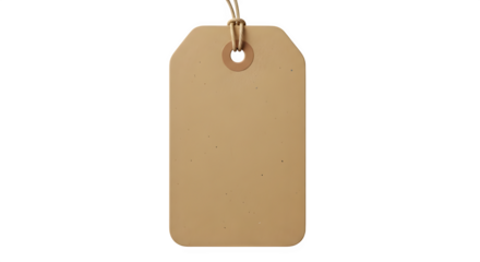 Blank rectangular brown cardboard gift tag with rounded corners and a hole punched at the top, tied with natural twine string, isolated on transparent background for copy space