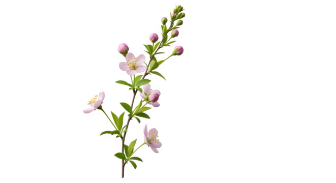 Delicate sprig of blooming kerria japonica shrub featuring small, light pink to white flowers and green leaves, isolated on transparent background for easy design integration and graphic use