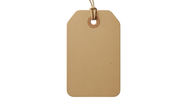 Blank rectangular brown cardboard gift tag with rounded corners and a hole punched at the top, tied with natural twine string, isolated on transparent background for copy space