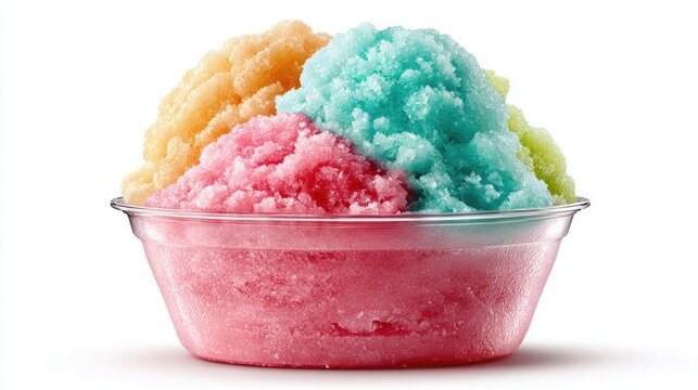 Colorful shaved ice dessert in a clear plastic cup on a white background