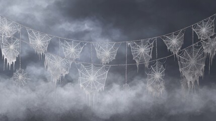 Strings of intricate icy spider webs are suspended in a misty environment. The dark backdrop creates a spooky vibe perfect for Halloween festivities and decorations.