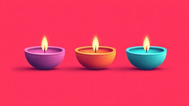Colorful Diwali diyas glowing against a vibrant red background for festive celebrations - Powered by Adobe