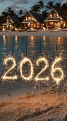 New Year Eve Travel 2026, sparkling 2026 display in beach sand at twilight with glowing island resort backdrop, capturing warm tropical escape, serene coastal celebration, and relaxed beachfront