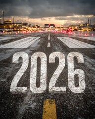 New Year Eve Travel 2026, illuminated airport runway with bold 2026 text and twilight lights, symbolizing global departure, reflective momentum, and powerful year-end countdown into future journeys
