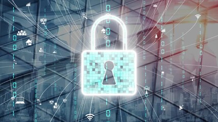 This image illustrates a digital lock superimposed on a background of cityscape, symbolizing security in the age of technology and data protection. Xenic - Powered by Adobe