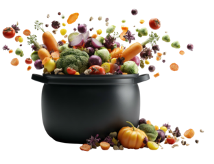 A black pot overflowing with vibrant, fresh vegetables spilling out