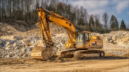 A heavy excavator is digging and moving large rocks in a stone quarry. The sky is clear and the surrounding area features trees indicating a natural landscape.