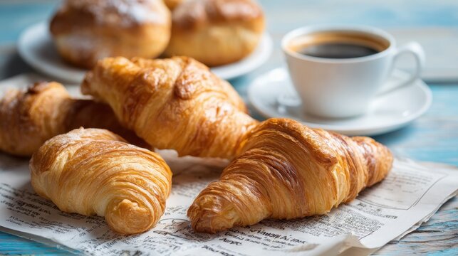 A selection of golden brown croissants lies on a newspaper accompanied by a warm cup of coffee creating a welcoming scene in a rustic cafe during the morning hours. - Powered by Adobe