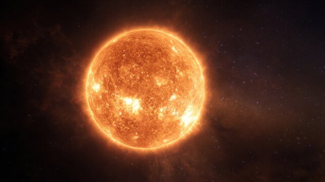 A vibrant sun radiates heat and light in the vast universe surrounded by countless stars. The sun's surface glows intensely showcasing its energetic nature.