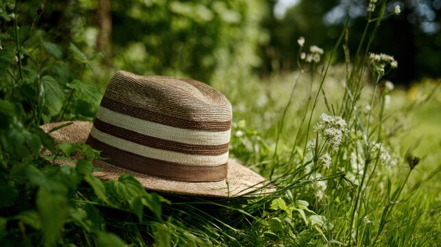 A sun hat lies on lush green grass surrounded by delicate white wildflowers. This peaceful scene captures the essence of a warm sunny day in a garden filled with nature's beauty. - Powered by Adobe