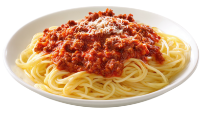 Plated spaghetti with rich meat sauce and grated cheese