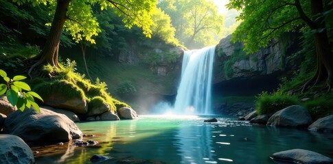 Cascading waterfall, vibrant green foliage, sunlight dappled rocks , majestic, paradise
