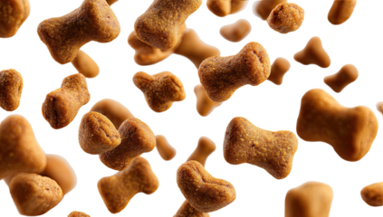 Many small, bone-shaped treats floating on a black background