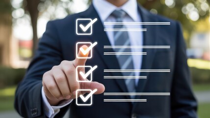 Businessman presses checkmark icon on a digital list outdoors