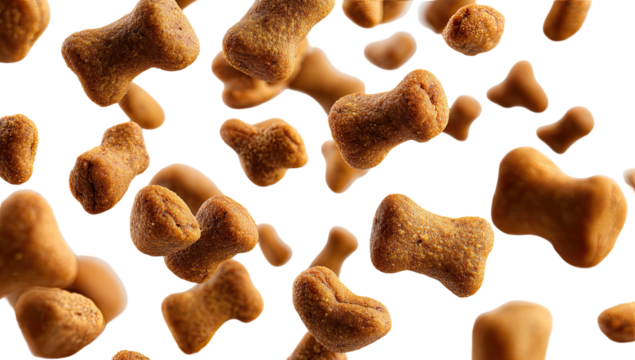Many small, bone-shaped treats floating on a black background