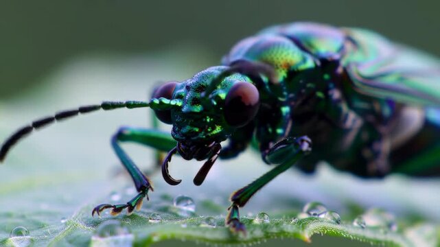 Vivid iridescent beetle on a wet leaf, close up, nature, for education, science, or art