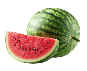 Fresh juicy watermelon slice with seeds and whole melon