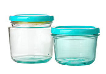 Two clear glass jars with turquoise lids and blue tint