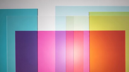 重なり合うカラフルな長方形、パステルカラーの色合いが柔らかく、抽象的なコンポジションがミニマルで現代的な印象を与えます。