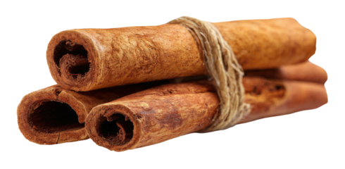 Three tightly bound cinnamon sticks tied with natural twine against a black backdrop