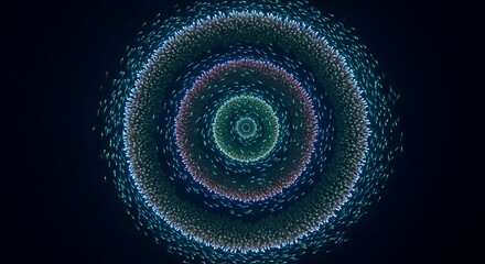 Abstract concentric circles with glowing particles on a dark background.