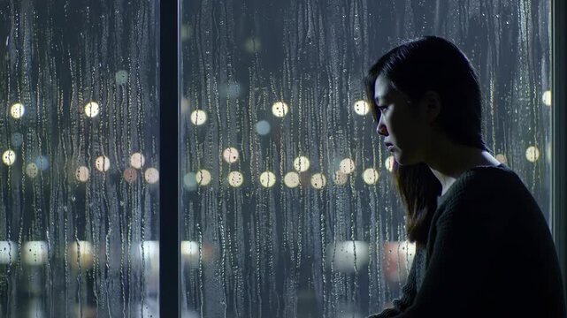 Woman looking out window at city lights on rainy night, evoking melancholy; usable for articles