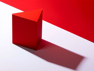Red geometric prism casting a long shadow on a white surface with red background