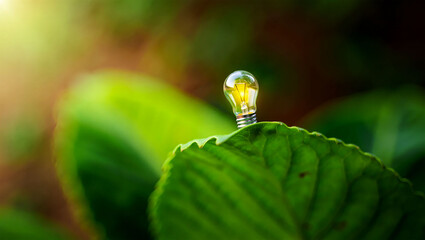 Light bulb on a green leaf with sunlight shining