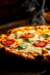 Hot steaming pizza with melted cheese and fresh basil leaves