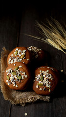 Delicious baked goods topped with nuts and seeds on a rustic wooden surface
