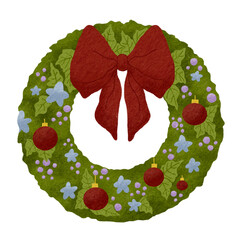 Christmas wreath with red bow. Christmas door wreath. Christmas tree decoration element for holiday.