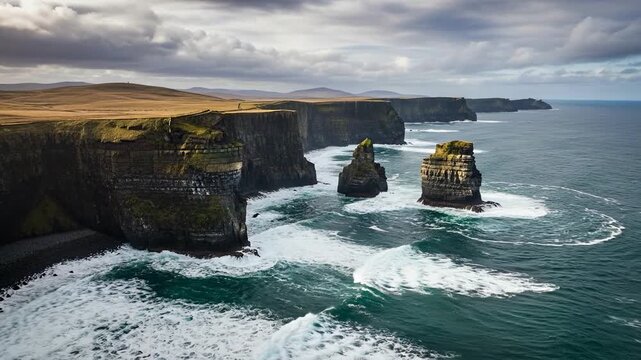 Dramatic Cliffs of Moher Ireland Dramatic Ocean Waves Crashing Against Rugged Coastline.