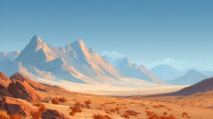 Naklejka premium A peaceful desert scene showcases towering mountains in the background under a bright blue sky. Sparse vegetation dots the sandy terrain reflecting midday sunlight.