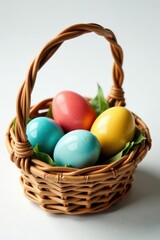 Colorful painted eggs in rustic wicker basket, white backdrop, chocolate, stock, springtime