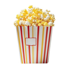 Tall striped container overflowing with fresh, buttery popcorn