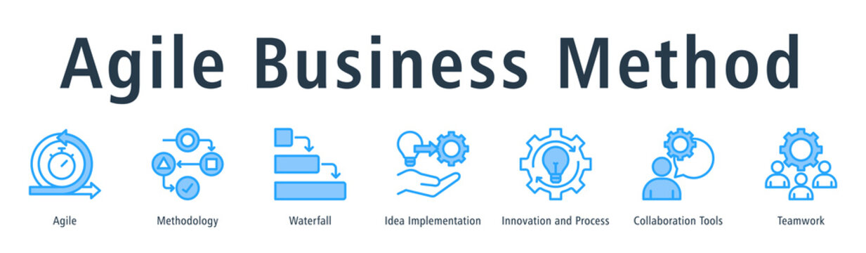Agile business method web banner icon vector illustration concept with icon of agile, methodology, waterfall, idea implementation, innovation and process, collaboration tools, and teamwork.
