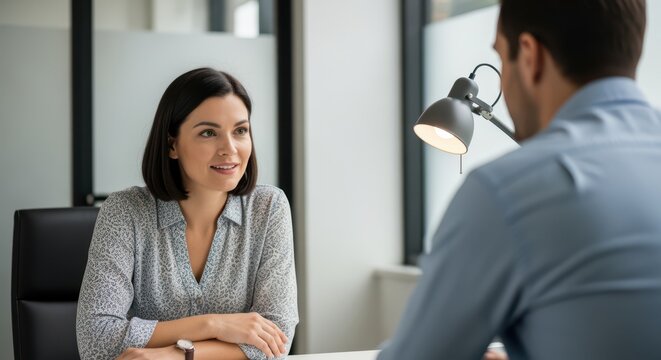 Professional office meeting between two coworkers as a woman listens attentively and engages in a positive, focused conversation across a desk in a bright modern workspace