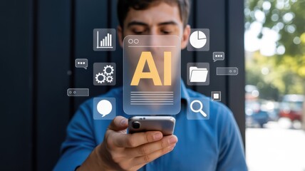 Young adult interacts with futuristic digital interface displaying artificial intelligence concept on a handheld device