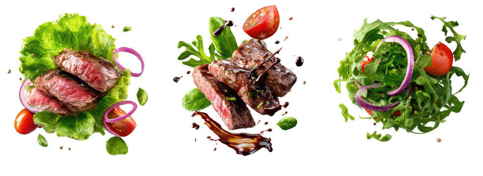 Three plates of sliced steak and salad with tomatoes and onions - Powered by Adobe