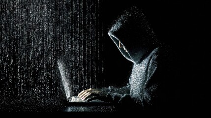 A figure in a hooded sweatshirt focuses on a laptop in a dim environment filled with cascading visual rain. The scene evokes a sense of intrigue and secrecy perfect for a cyber thriller.