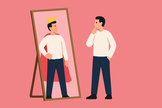 Illustration of a businessman looking in the mirror with the image of himself being a king suitable for describing leadership, confident, know yourself flat design vector illustration