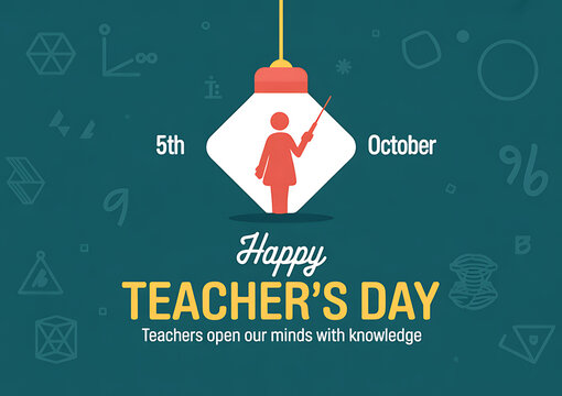Happy teachers day celebration with teacher in light bulb and educational symbols on teal background