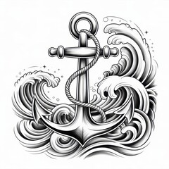 Detailed monochrome illustration of an anchor with rope and stylized waves on a white backdrop